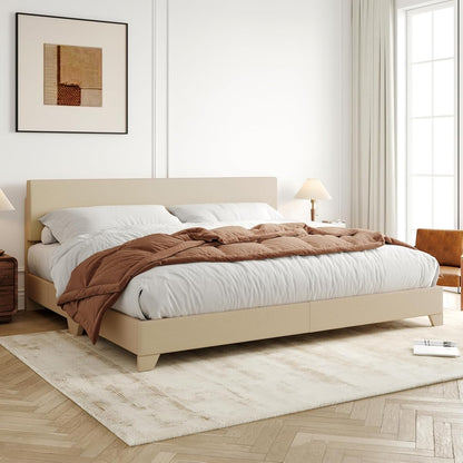 King Size Upholstered Bed Frame Adjustable Headboard, Beige