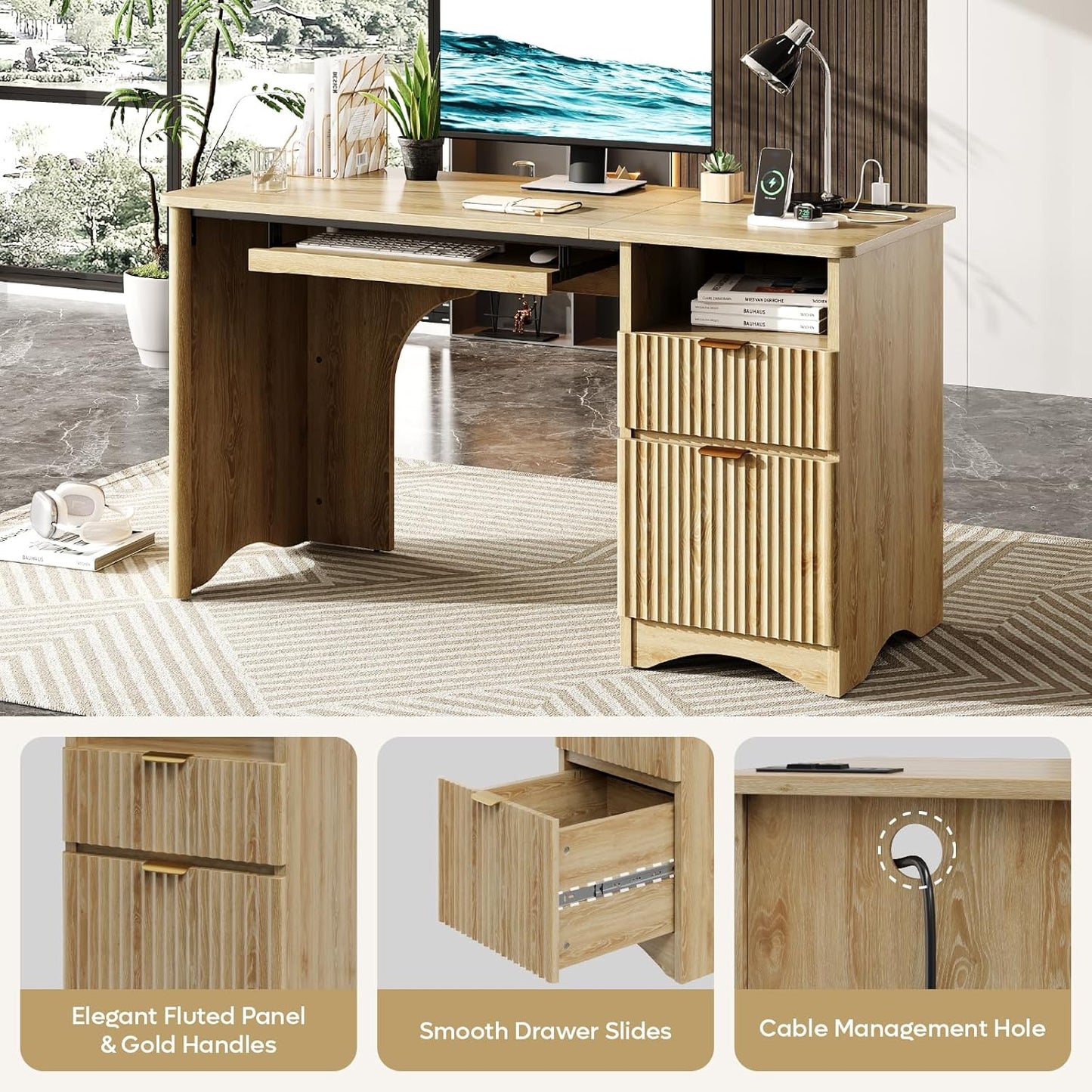 Computer Desk with Drawer, 55 Inch Office Desk with Power Outlet, Modern Home Office Desk with Keyboard Tray (Natual Oak, 55" W with Single-Sided Drawers)
