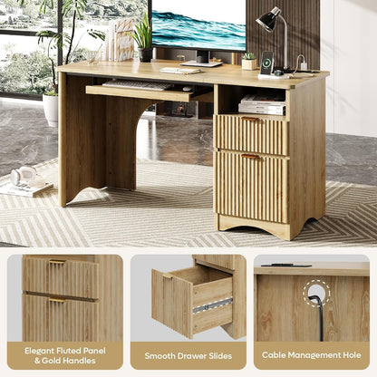 Computer Desk with Drawer, 55 Inch Office Desk with Power Outlet, Modern Home Office Desk with Keyboard Tray (Natual Oak, 55" W with Single-Sided Drawers)