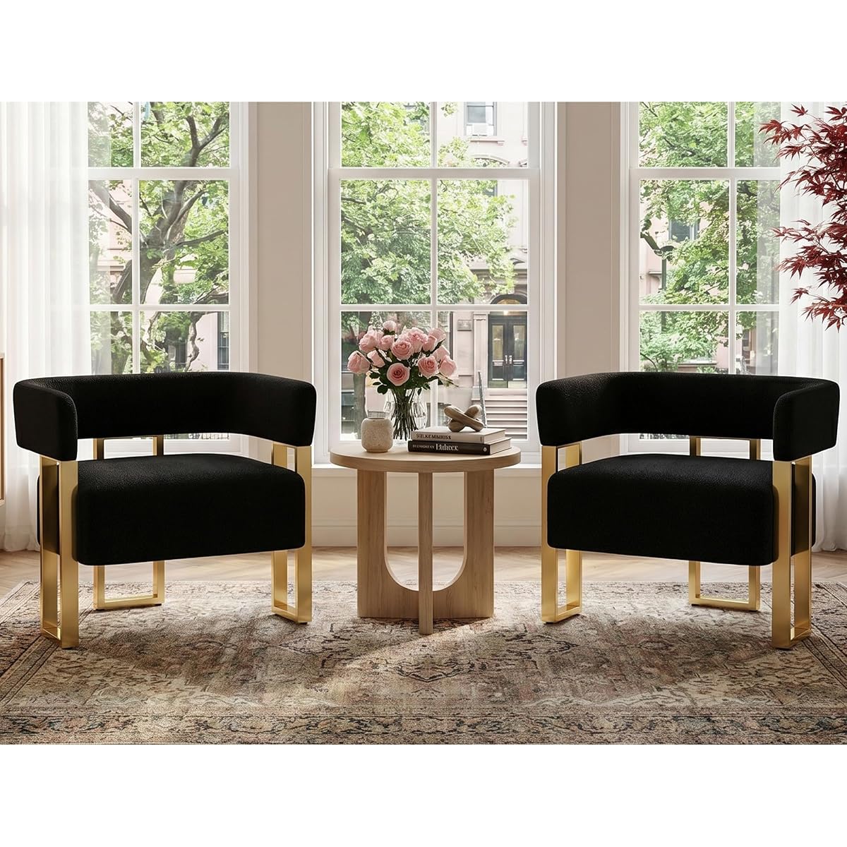 Mid Century Modern Accent Chair Set of 2, Barrel, Black Boucle, Gold Leg