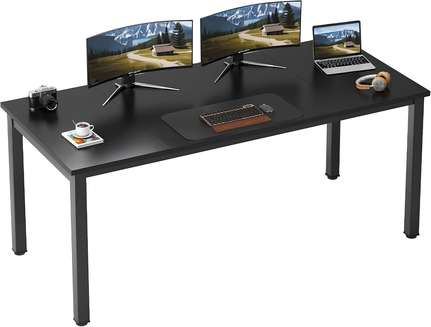 Large Computer Desk, 70.8 Inch Study Student Writing Desk, Simple Style PC Workstation with Black Metal Frame for Home Bedroom, Black
