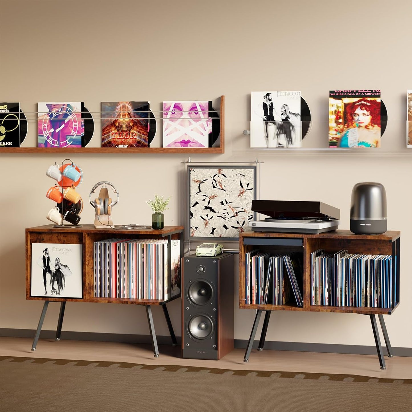 Flip Top Record Player Stand, Large Record Player Table with Open Storage Holds up to 150+ Albums, Mid Century Turntable Stand, Stereo Cabinet for Speakers, for Living Room, Bedroom, Rustic