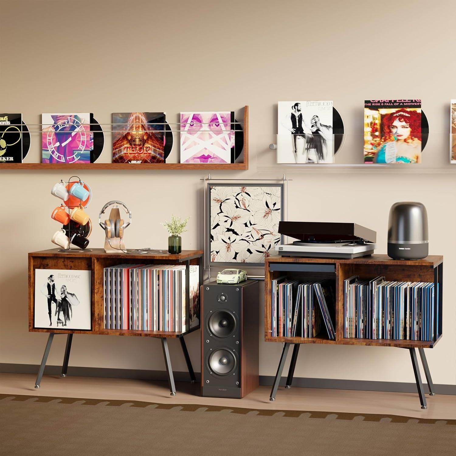 Flip Top Record Player Stand, Large Record Player Table with Open Storage Holds up to 150+ Albums, Mid Century Turntable Stand, Stereo Cabinet for Speakers, for Living Room, Bedroom, Rustic
