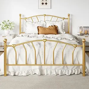 Full Size Metal Bed Frame, Heart-Shaped Design, Gold, view 2