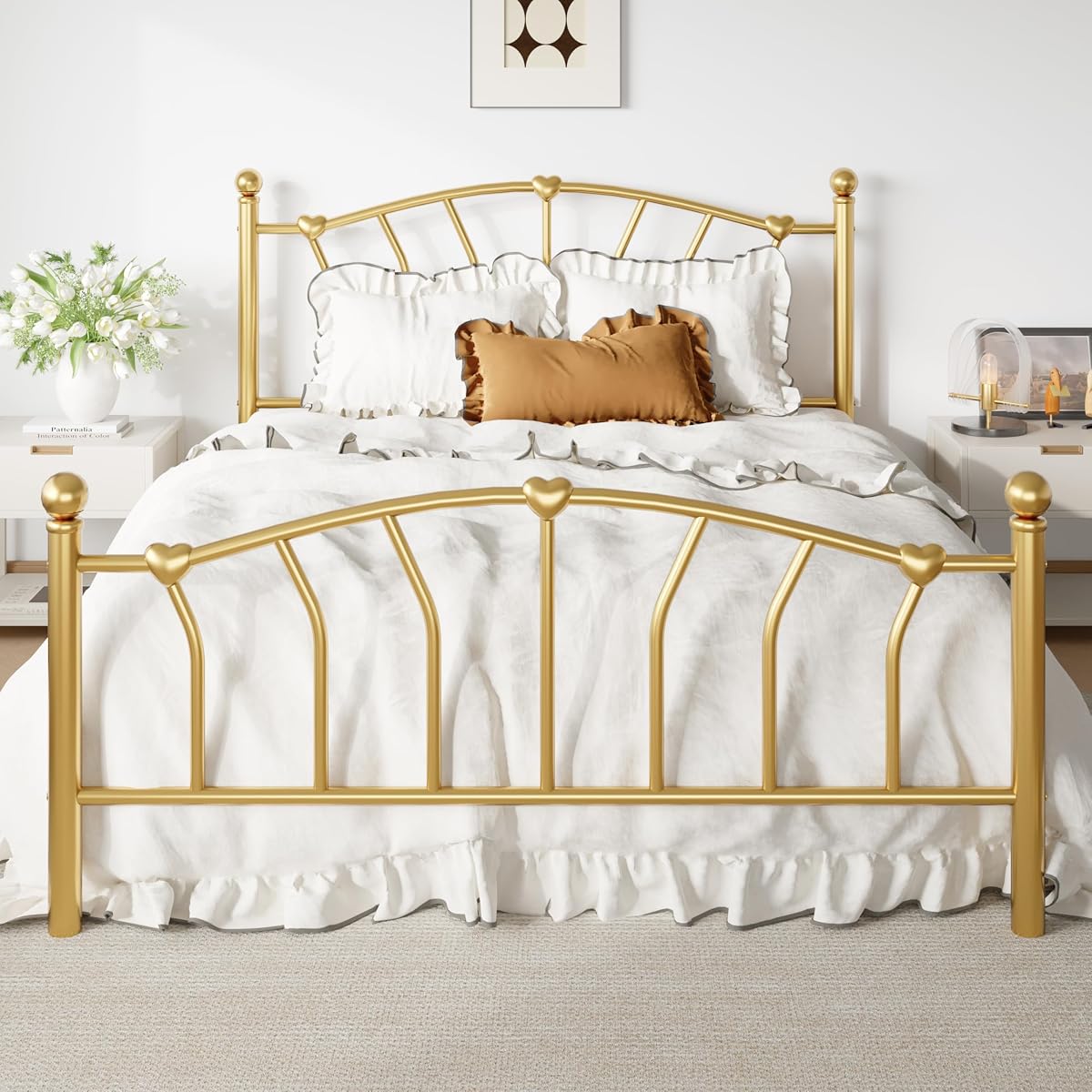 Full Size Metal Bed Frame, Heart-Shaped Design, Gold
