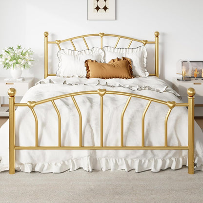 Full Size Metal Bed Frame, Heart-Shaped Design, Gold
