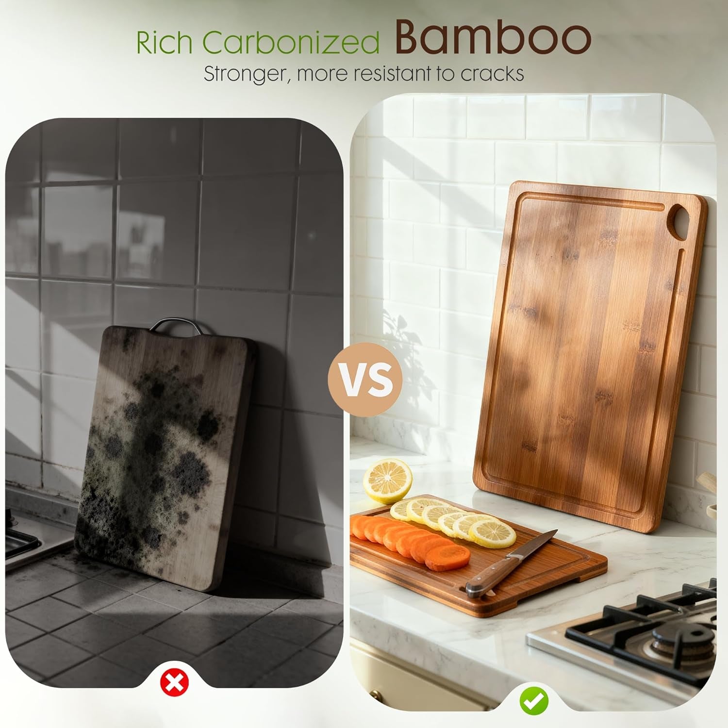 Deep-Carbonized Bamboo Cutting Boards for Kitchen with Wood Storage Stand, Reversible Charcuterie & Chopping Boards with Juice Grooves and Easy-Grip Handles, Knife-Friendly, Kitchen Gift