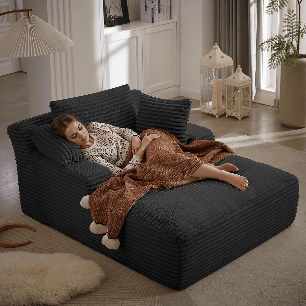 Oversized Black Corduroy Chaise Lounge with Armrests and Pillows