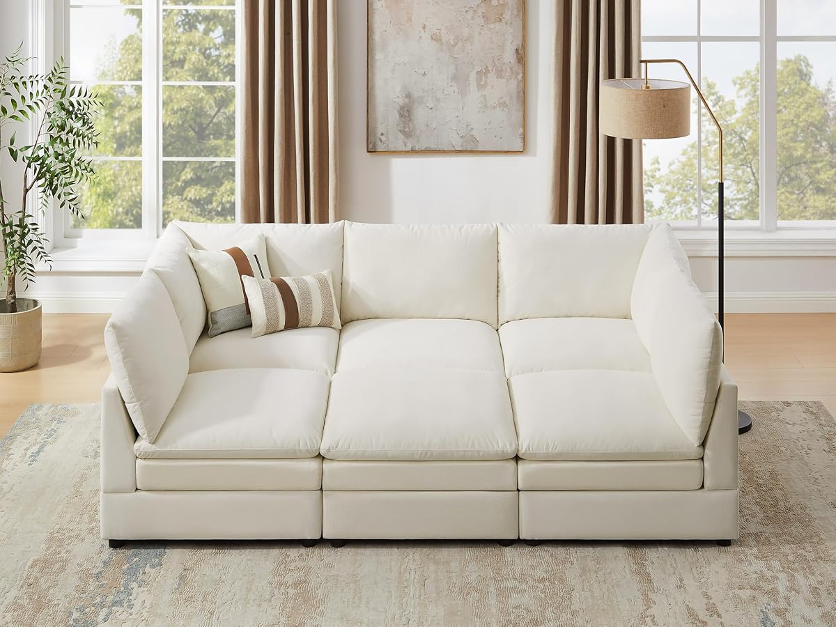 98" Cloud Modular Sectional Sofa Couches for Living Room, Oversized Modern Sleeper Sofa with Deep Seat Double-Layer Thick Cushion Ottoman, Convertible Upholstered Sofa Set, Ivory White