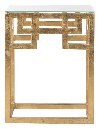 SAFAVIEH Home Collection – Byram Greek Key Antique Gold Glass Top End Table, Fully Assembled, Modern Glam Accent Table (FOX2574A)