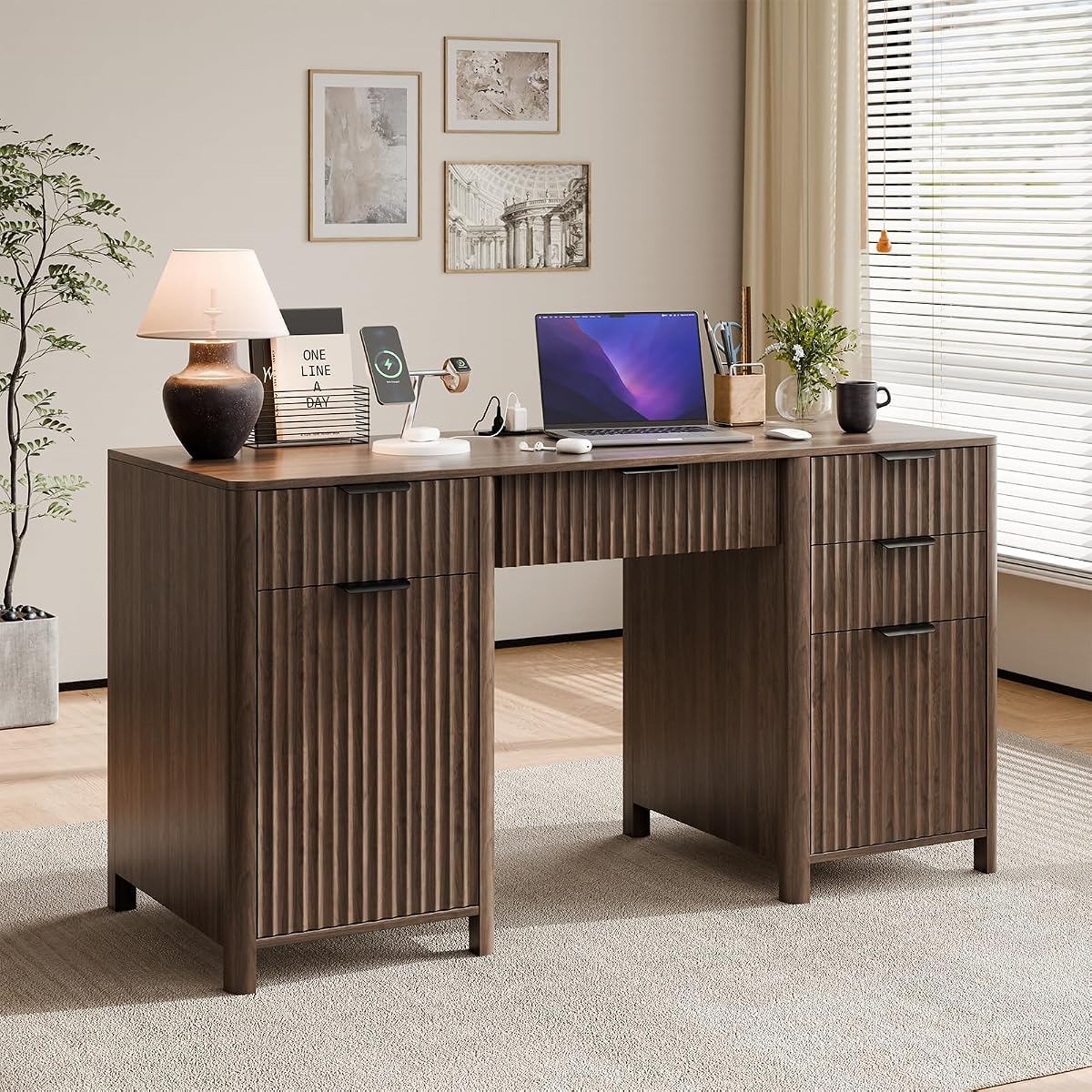 58" Fluted Home Office Desks with Storage, Power Outlet, Walnut