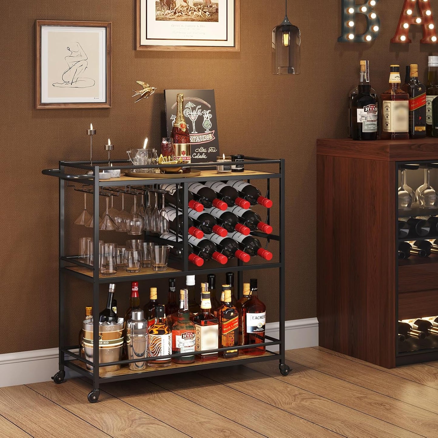 Bar Cart for the Home, 3 Tier Drink Cart with Lockable Wheels, 12 Wine Rack and 3 Rows Glass Holders, Liquor Serving Cart for Kitchen Dining Livingroom, 31.6" X 13.1" X 33.9", Rustic Brown