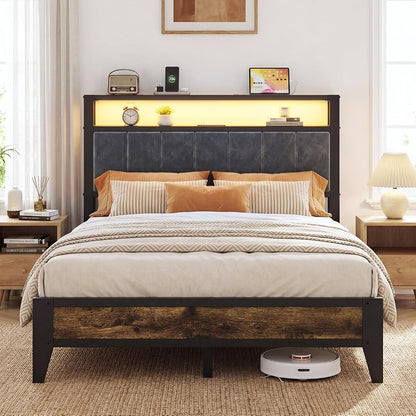 Full Size Bed Frame with Headboard, LED Light & Charging Station