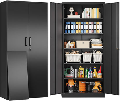 Metal Storage Cabinet with 2 Doors and 6 Shelves, Black Metal Cabinet with Lock