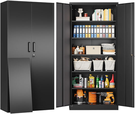Metal Storage Cabinet with 2 Doors and 6 Shelves, Black Metal Cabinet with Lock