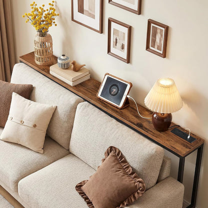 70.9" Console Table with Power Outlet, Narrow Sofa Table, Brown