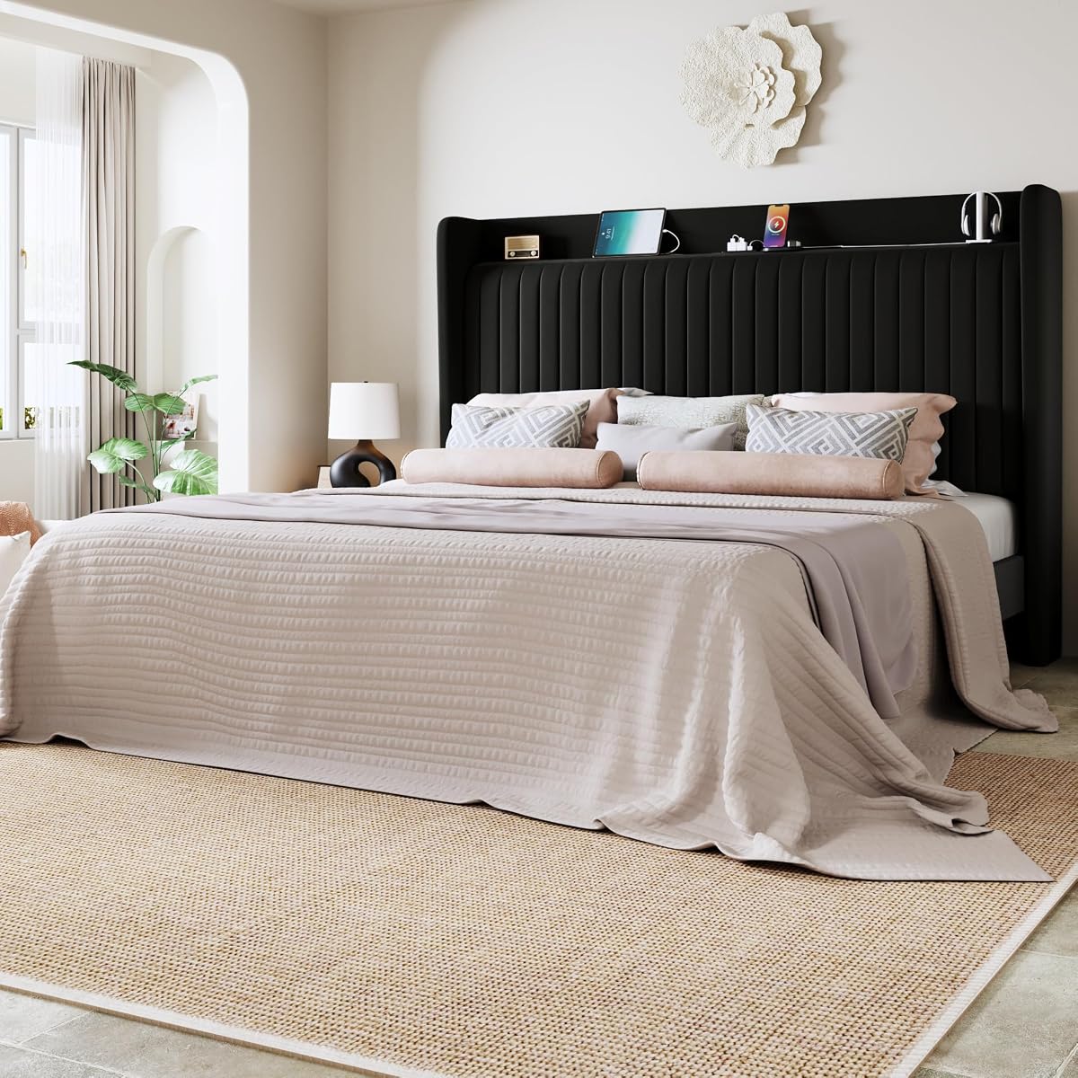 Queen Size Platform Bed Frame with USB Charging Station and Storage