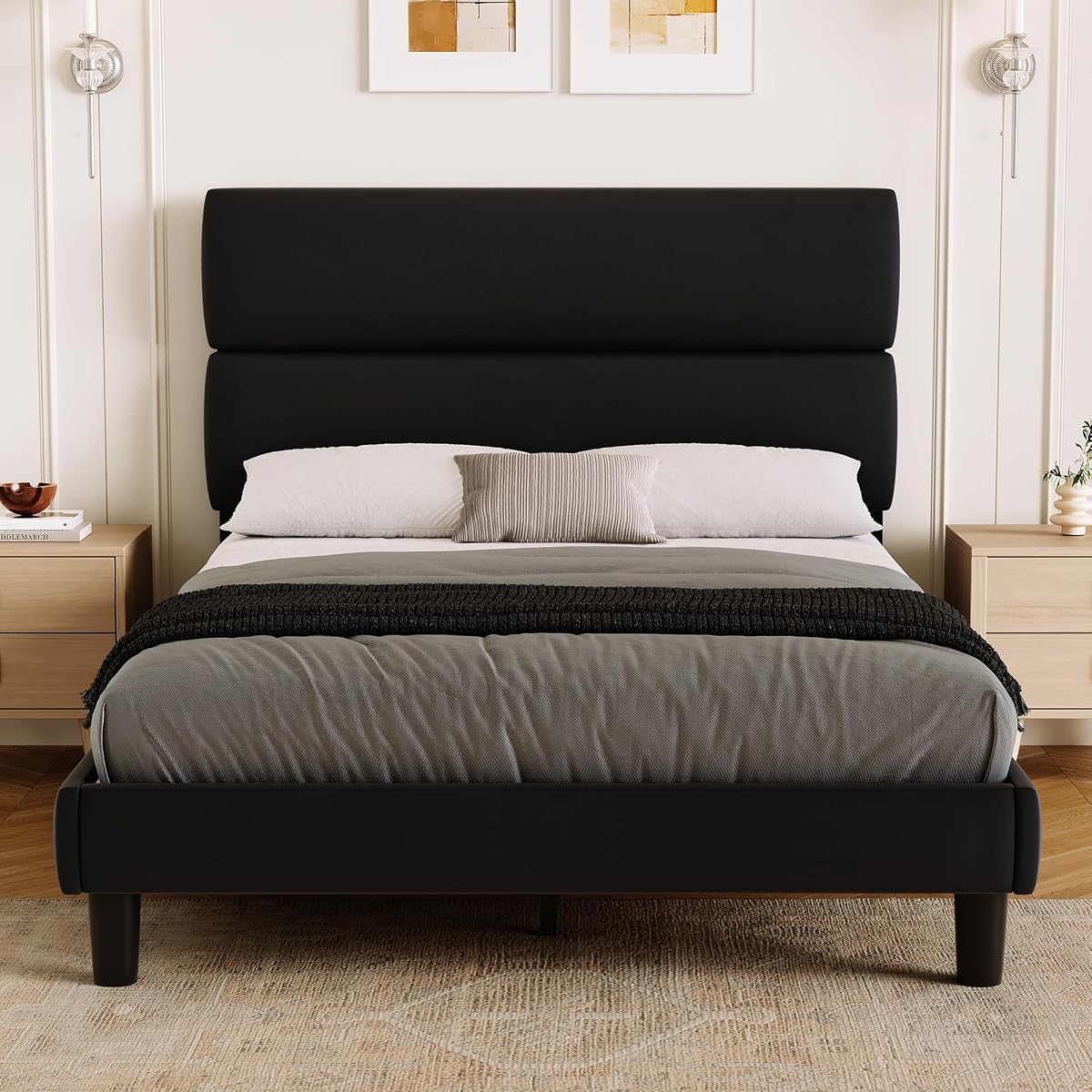 Full Size Platform Bed Frame with Velvet Headboard