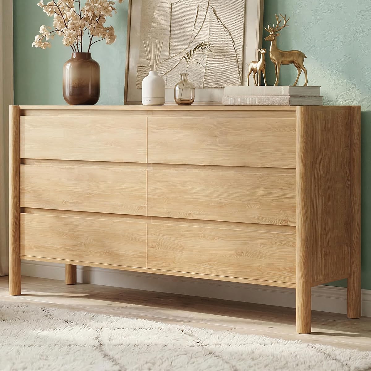 47.2" Wide Oak 6 Drawer Dresser for Bedroom with Solid Wood Legs