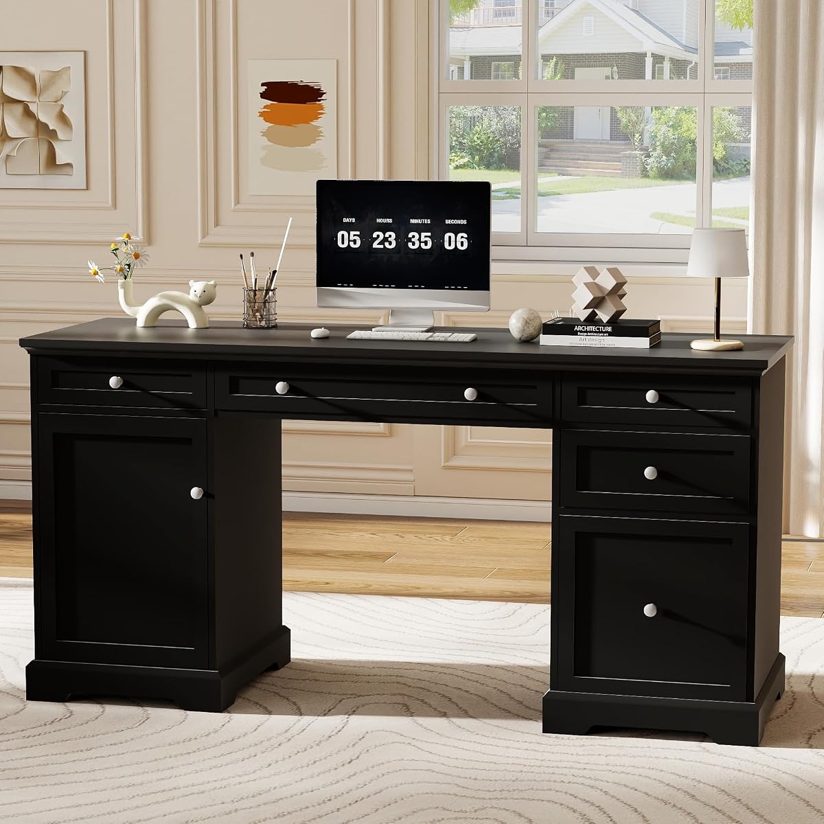 Black Executive Desk with Drawers, 60" Office Desk with Storage