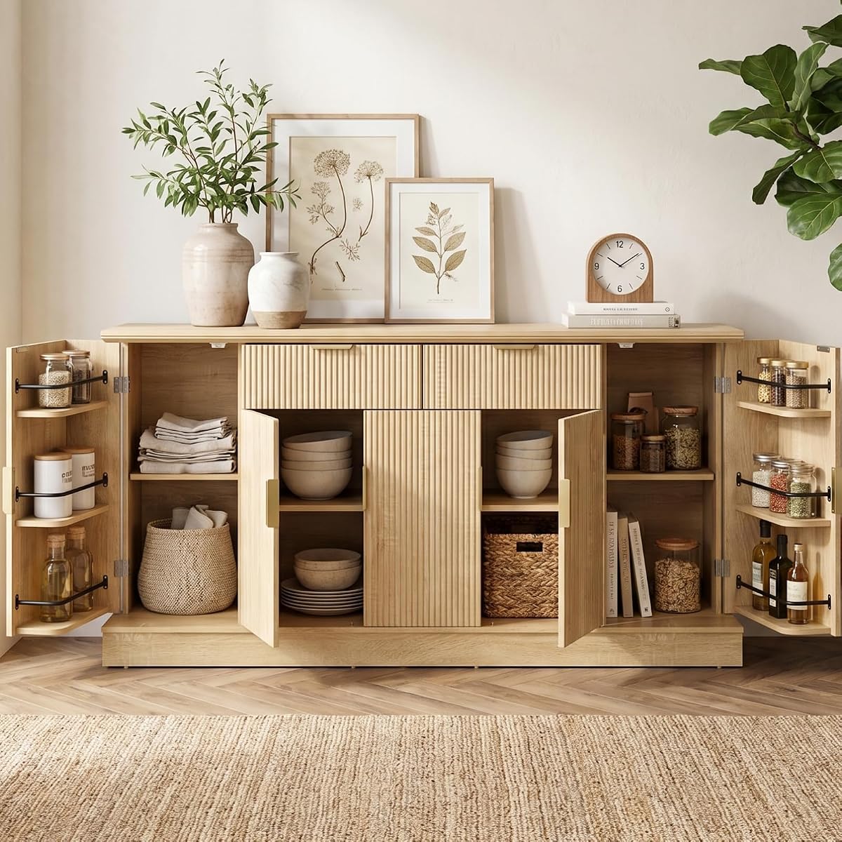 63" Fluted Large Sideboard Buffet Cabinet with 2 Drawers