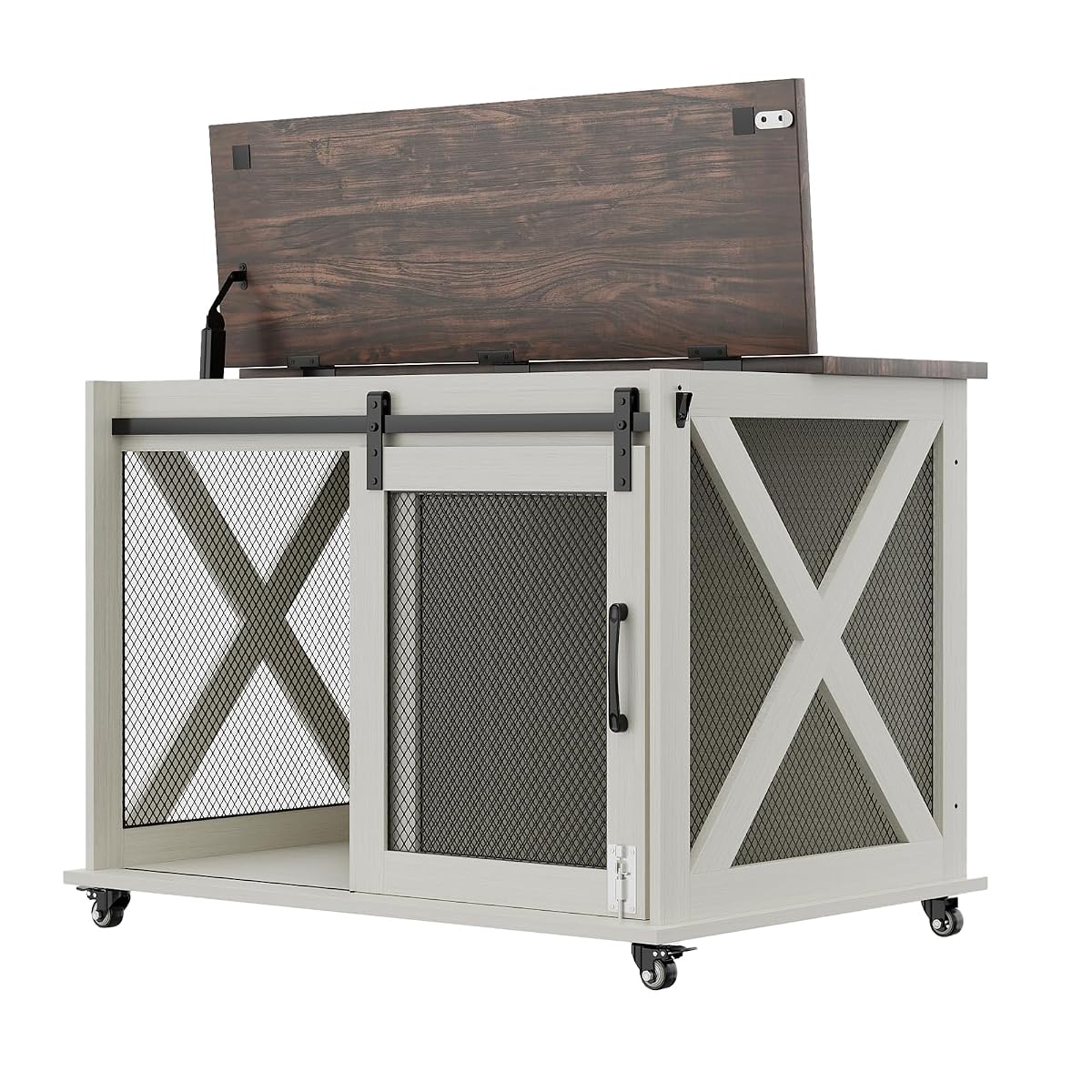 37'' Dog Crate Furniture, Flip Top Dog Kennel with Sliding Barn Door