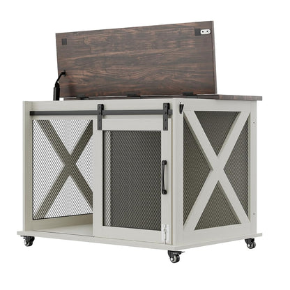 37'' Dog Crate Furniture, Flip Top Dog Kennel with Sliding Barn Door