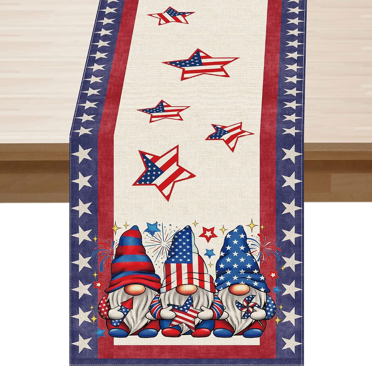Gnome Stars Patriotic America Memorial Day 4th of July Table Runner Table Decoration for Party Home Kitchen Dining Holiday Decor 13x72 Inch