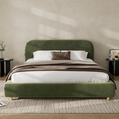 Queen Velvet Fabric Platform Bed with Curved Headboard, Olive Green