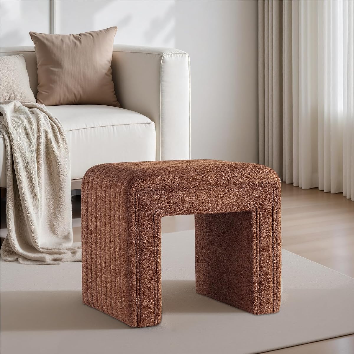 Vanity Stool Chair,Modern Boucle Ottoman Foot Stool with Wooden Legs Sofa Bench Footstool Extra Seat for Vanity,Makeup Room,Living Room,Entryway,Office (Fully Assembled) (Brown)