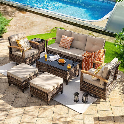 7 Pieces Patio Furniture Sets,PE Wicker Outdoor Furniture Conversation Sets with 2 Wood Armrests Swivel Rocker Chairs, 2 Ottoman, 3-seat Sofa and Coffee Table(Beige)