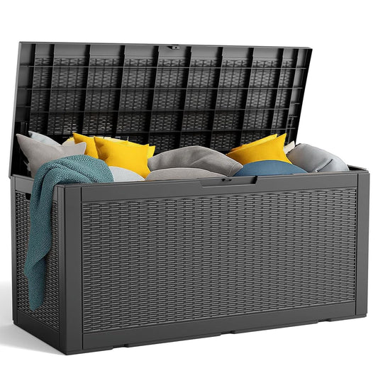 100 Gallon Resin Deck Box, Lockable Patio Outdoor Storage Box for Furniture, Garden Tools and Tools Storage, Waterproof Outside Storage Boxes - Black