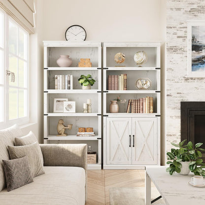GAOMON Farmhouse Bookcases with Doors, 5 Tier Bookshelf with Storage, 70 inch Tall Bookshelf and Bookcase, Wooden Storage Cabinet for Living Room, Home, Office, Bedroom (White)