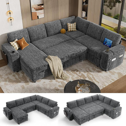 111" Modular Sectional Sleeper Sofa with Pull Out Bed, 7 Seat Chenille L Shaped Couch with USB Ports|Cup Holders|Side Table|Storage Chaise, Tool Free Assembly, Grey