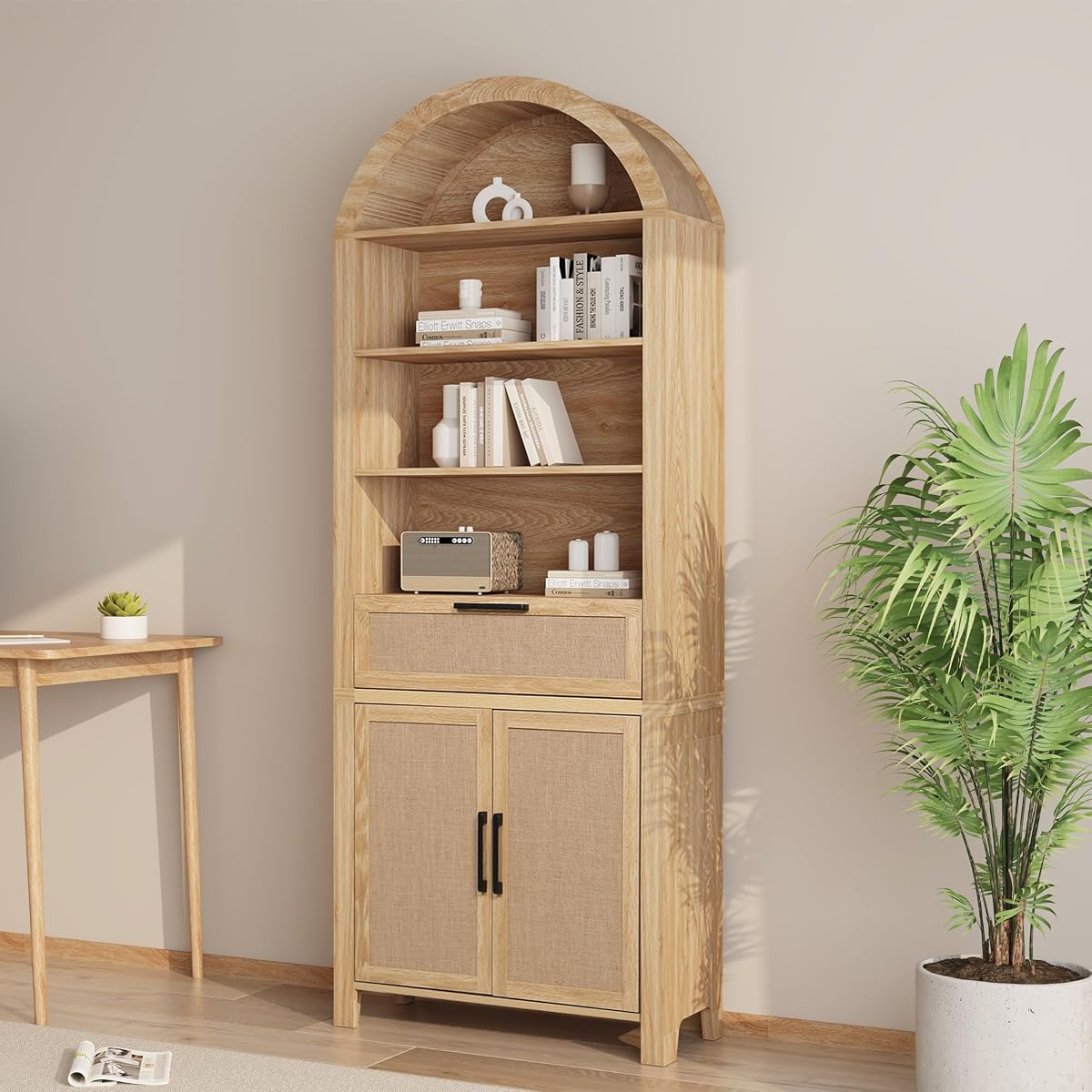79" Tall Arched Bookcase with Storage, Mid Century Modern 6-Tier Cabinet with Door, Arched Bookshelf with Open Display Shelf for Office Living Room (Natural, 79inch-Doors)