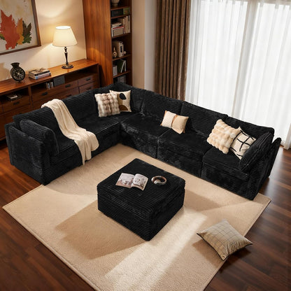 Modular Sectional Sofa,7 Pieces Sectional Couches for Living Room,131X66 U Shaped Cloud Couch with Ottoman Chaise Set(Black Velvet Corduroy)