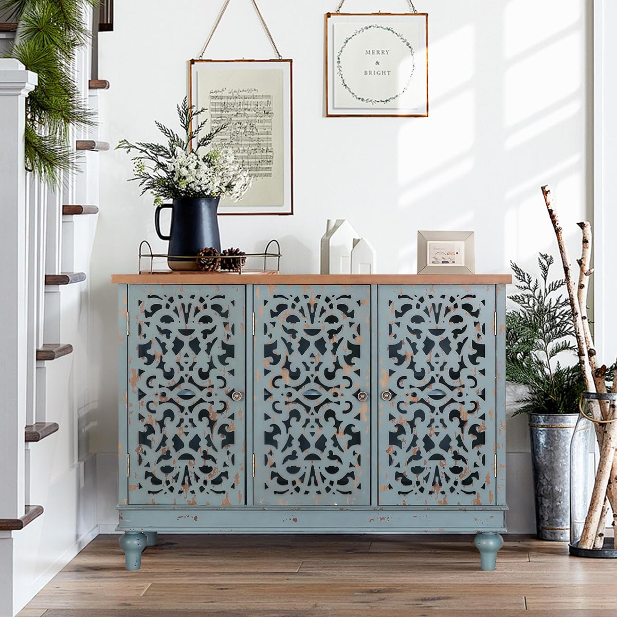 Accent Wood Storage Cabinet with 3 Doors, Large Farmhouse Buffet Sideboard Carved Decorative Storage Cabinet for Living Room Entryway Hallway, 13" Dx41.7 Wx31.5 H, Blue