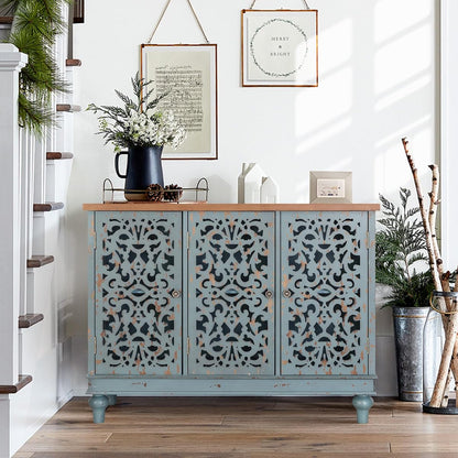 Accent Wood Storage Cabinet with 3 Doors, Large Farmhouse Buffet Sideboard Carved Decorative Storage Cabinet for Living Room Entryway Hallway, 13" Dx41.7 Wx31.5 H, Blue