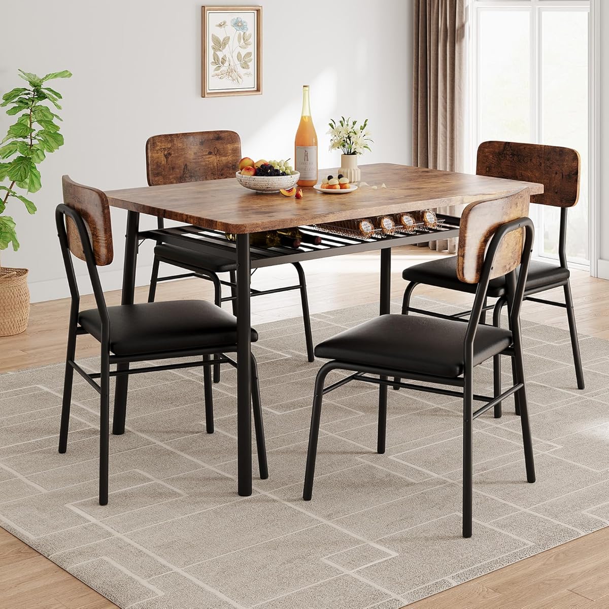 Dining Table Set for 4 with Storage Rack, 5-Piece Kitchen Table and Upholstered Chairs of 4, Wood Tabletop & Heavy-Duty Metel Frame, Dining Room Set for Small Space, Apartment, Brown