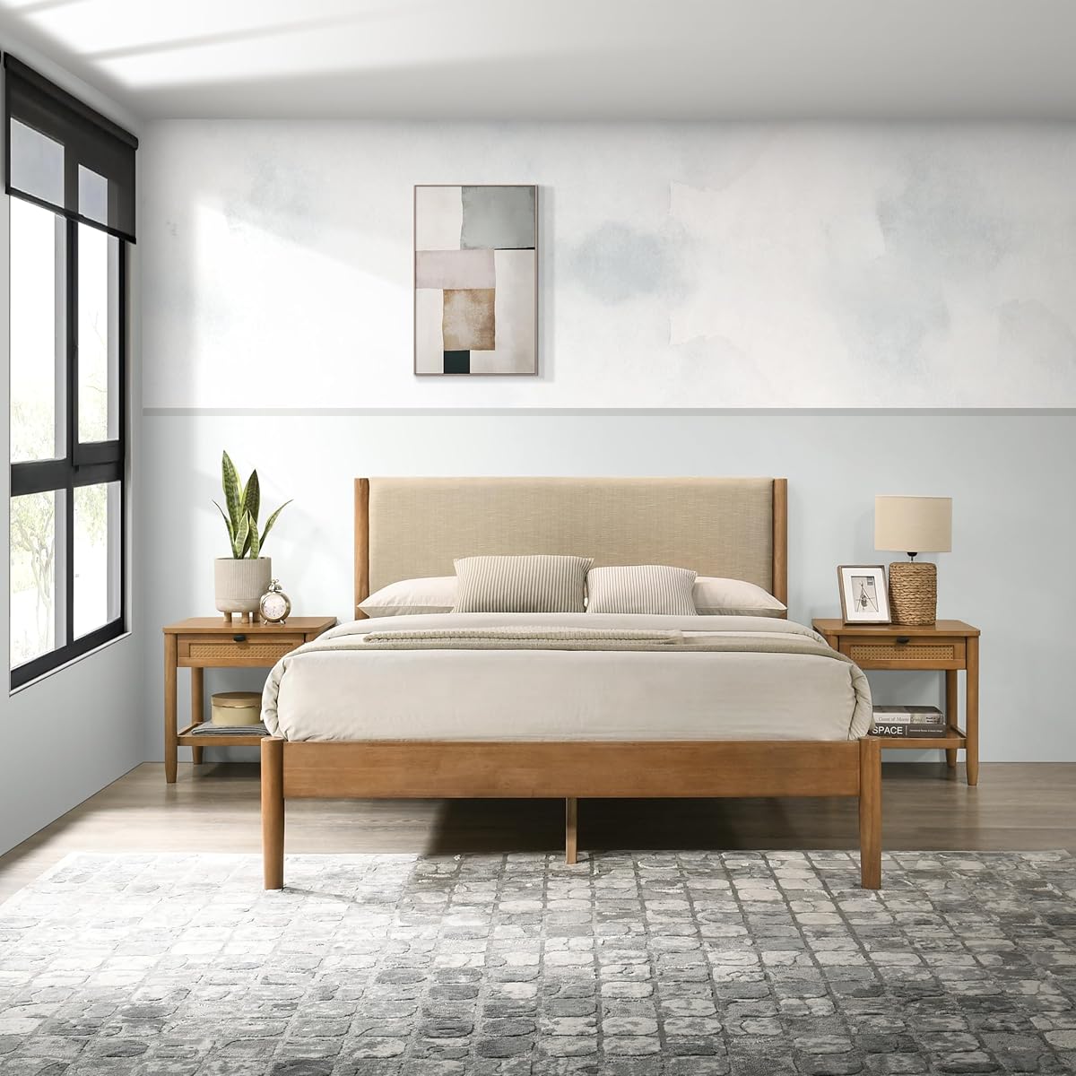 Vichy 3-Piece Rubberwood Bedroom Set, Platform Bed with Two Nightstands, Queen, Textured Polyester