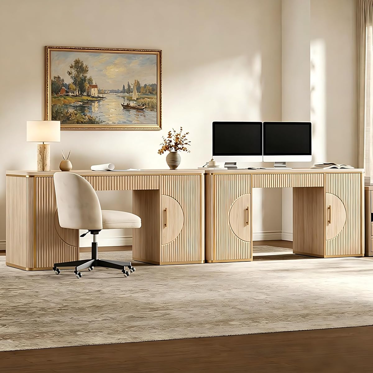 60" Fluted Writing Desk, Wooden Long Home Office Computer Desk with Drawer & Storage Cabinet, Modern Writing Table with Charging Station, High Executive Desk, Bedroom, Nature Oak, Set of 2