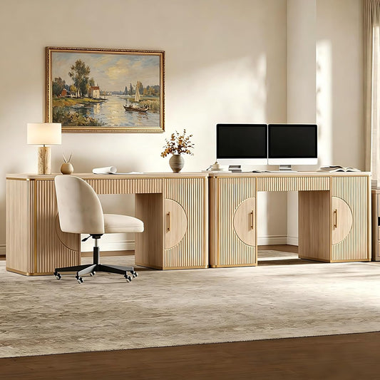 60" Fluted Writing Desk, Wooden Long Home Office Computer Desk with Drawer & Storage Cabinet, Modern Writing Table with Charging Station, High Executive Desk, Bedroom, Nature Oak, Set of 2