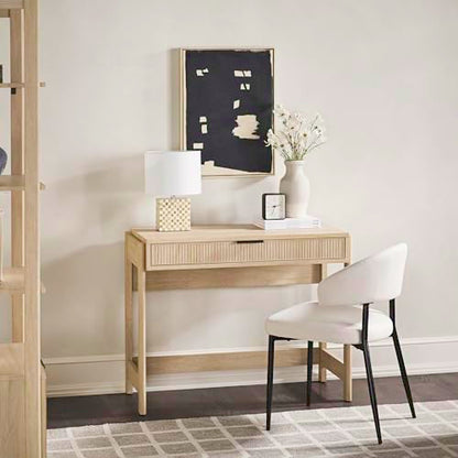 Transitional Office Design, Reeded Drawer Front Detail, Writing Desk with Drawer, Spacious Desktop, Complementary in Living Spaces, 38 Inch, Coastal Oak