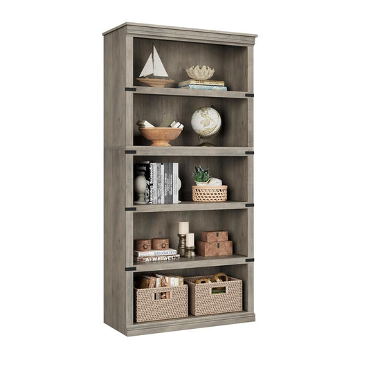 5 Tier Bookcase, Farmhouse Book Shelf with Storage Open Display Bookshelves, 67.4" Tall Book Case Wooden 5 Shelf Bookcase Home Decor Furniture for Home Office, Living Room, Bed Room - Grey