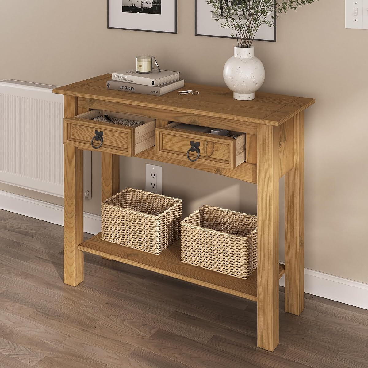 Solid Wood Console Table Corona with 2 Drawers 34.49" W, 12.64" D, 28.82" H - Farmhouse Entryway Table with Storage Shelf, Tables for Living Room, Hallway Foyer for Office & Bedroom