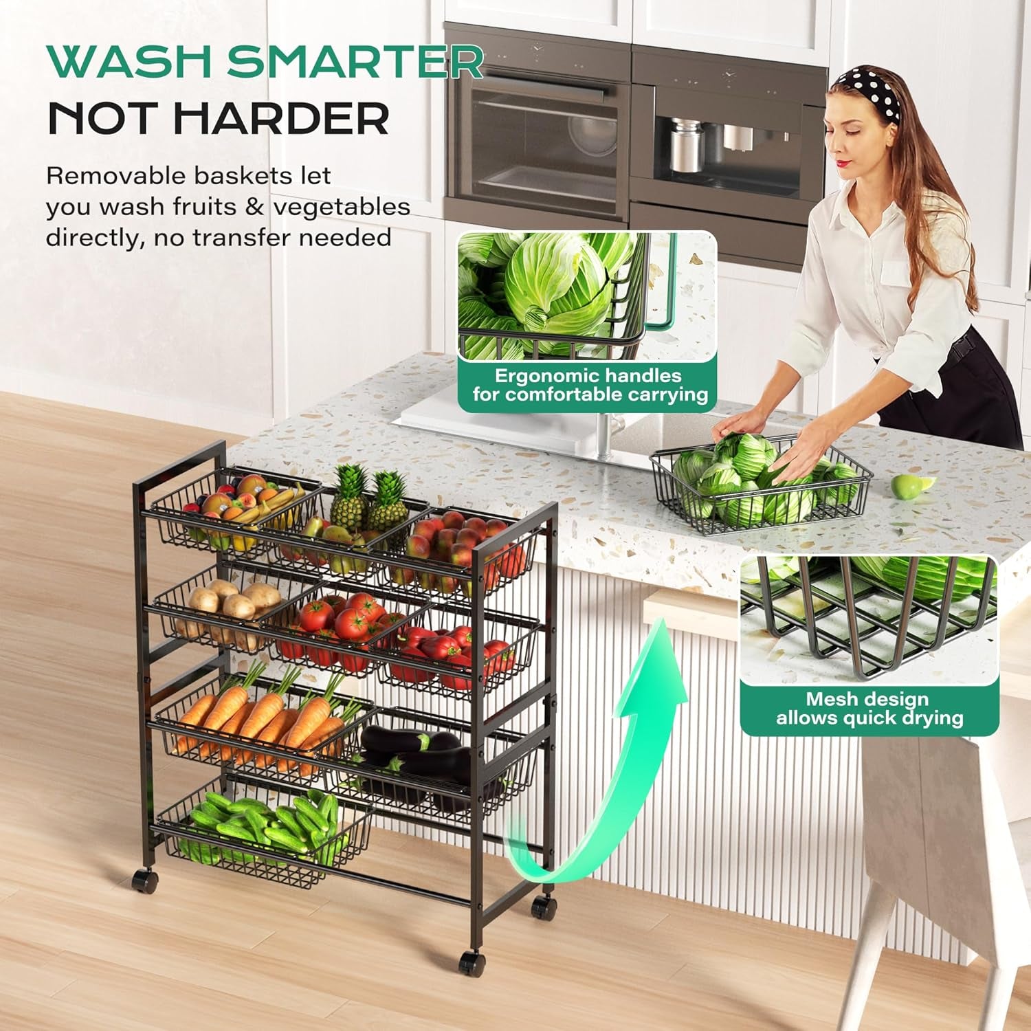 4-Tier Snack Cart with Wheels, 29''W Toy Storage Organizer, Rolling Pantry Storage Cart with 10 Wire Baskets & Handle,Adjustable Metal Snack Rack, Kitchen Organizer for Fruit, Vegetables(Black)