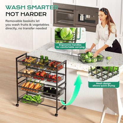 4-Tier Snack Cart with Wheels, 29''W Toy Storage Organizer, Rolling Pantry Storage Cart with 10 Wire Baskets & Handle,Adjustable Metal Snack Rack, Kitchen Organizer for Fruit, Vegetables(Black)