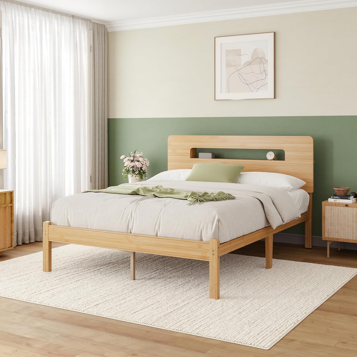 Solid Bamboo Wood Queen Bed Frame with Storage Headboard