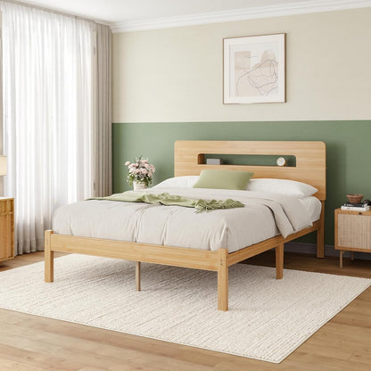 Solid Bamboo Wood Queen Bed Frame with Storage Headboard