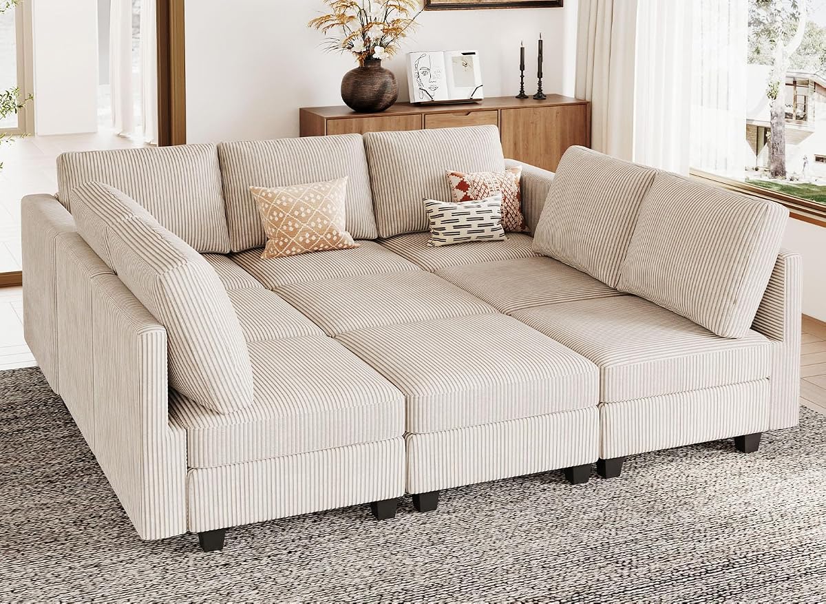 Corduroy Modular Sectional Sofa 9 Seat Convertible Sectional Sleeper Sofa Bed with Storage Ottomans Modular Sectional Couch Bed for Living Room Beige